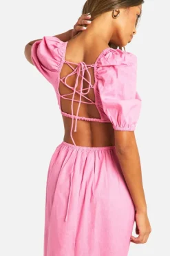 Smock Dresses*boohoo Linen Tie Look Back Puff Sleeve Maxi Dress pink