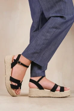 Sandals*Where's That From London' Espadrille Style Flatform With Ankle Strap Sandals Black