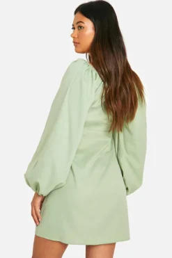 Smock Dresses*boohoo Long Puff Sleeve Mini Dress sage
