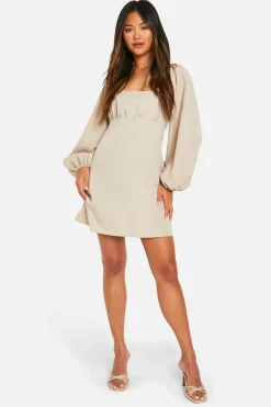Smock Dresses*boohoo Long Puff Sleeve Mini Dress stone