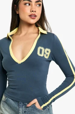 Long Sleeve Tops*boohoo Long Sleeve Collar Stripe Top navy