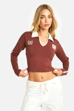 Long Sleeve Tops*boohoo Long Sleeve Collared Jersey Top burgundy