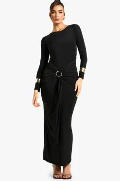 Maxi Dresses|Long Sleeve Dresses*boohoo Long Sleeve Drape Trim Maxi Dress black