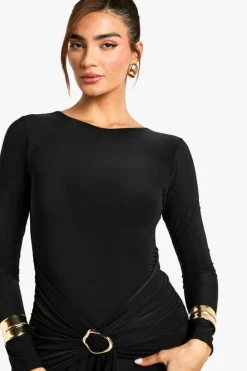 Maxi Dresses|Long Sleeve Dresses*boohoo Long Sleeve Drape Trim Maxi Dress black