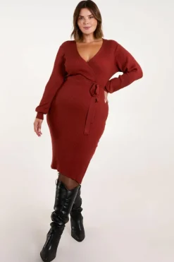 Wrap Dresses|Jumper Dresses*Blue Vanilla Long Sleeve Knitted Wrap Dress Red