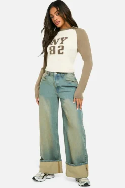 Long Sleeve Tops*boohoo Long Sleeve Printed Jersey Raglan Top stone