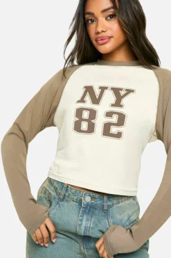 Long Sleeve Tops*boohoo Long Sleeve Printed Jersey Raglan Top stone