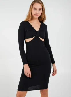 Midi Dresses*Pink Vanilla Long Sleeve Ribbed Midi Dress Black