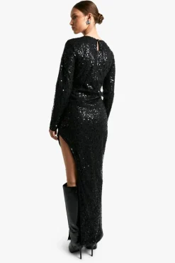 Maxi Dresses|Long Sleeve Dresses*boohoo Long Sleeve Sequin Split Leg Maxi Dress black