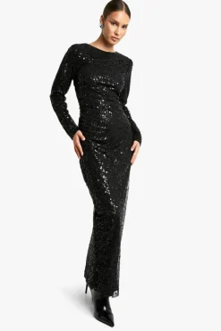 Maxi Dresses|Long Sleeve Dresses*boohoo Long Sleeve Sequin Split Leg Maxi Dress black
