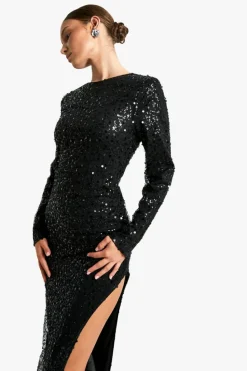 Maxi Dresses|Long Sleeve Dresses*boohoo Long Sleeve Sequin Split Leg Maxi Dress black