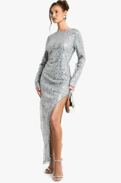 Maxi Dresses|Long Sleeve Dresses*boohoo Long Sleeve Sequin Split Leg Maxi Dress silver