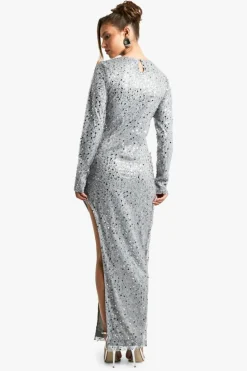Maxi Dresses|Long Sleeve Dresses*boohoo Long Sleeve Sequin Split Leg Maxi Dress silver