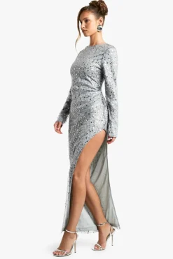 Maxi Dresses|Long Sleeve Dresses*boohoo Long Sleeve Sequin Split Leg Maxi Dress silver