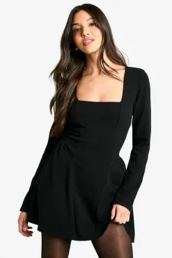 Skater Dresses|Mini Dresses*boohoo Long Sleeve Square Neck Full Skirt Mini Dress black