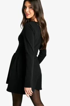 Skater Dresses|Mini Dresses*boohoo Long Sleeve Square Neck Full Skirt Mini Dress black