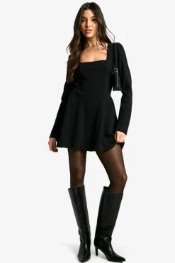 Skater Dresses|Mini Dresses*boohoo Long Sleeve Square Neck Full Skirt Mini Dress black