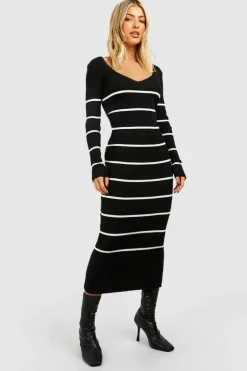 Midi Dresses|Jumper Dresses*boohoo Long Sleeve Stripe Midi Knit Dress black