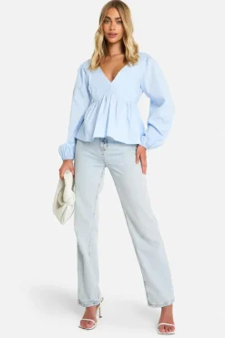 Long Sleeve Tops*boohoo Long Sleeve Tie Back Peplum Smock Top powder blue