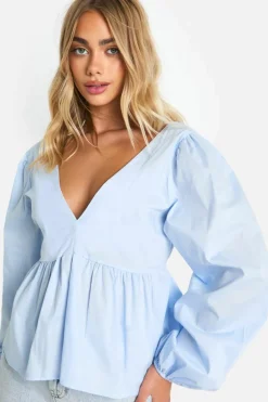 Long Sleeve Tops*boohoo Long Sleeve Tie Back Peplum Smock Top powder blue