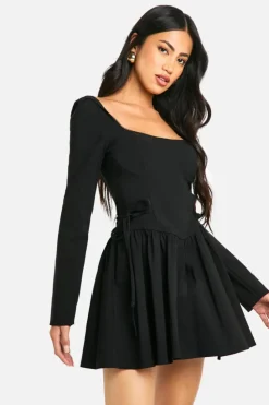 Skater Dresses|Mini Dresses*boohoo Long Sleeve Tie Waist Skater Mini Dress black