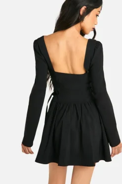 Skater Dresses|Mini Dresses*boohoo Long Sleeve Tie Waist Skater Mini Dress black