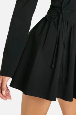 Skater Dresses|Mini Dresses*boohoo Long Sleeve Tie Waist Skater Mini Dress black