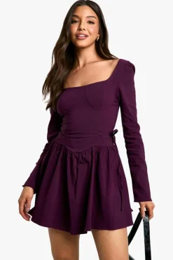 Skater Dresses*boohoo Long Sleeve Tie Waist Skater Mini Dress plum