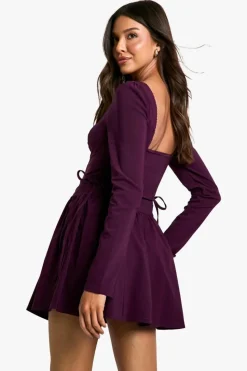 Skater Dresses*boohoo Long Sleeve Tie Waist Skater Mini Dress plum