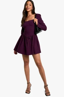 Skater Dresses*boohoo Long Sleeve Tie Waist Skater Mini Dress plum