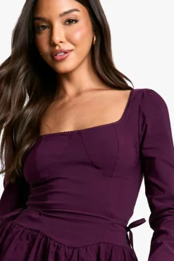 Skater Dresses*boohoo Long Sleeve Tie Waist Skater Mini Dress plum