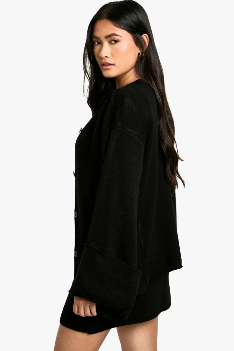 Cardigans|Knitwear*boohoo Longline Turn Over Cuff Detail Knitted Cardigan black