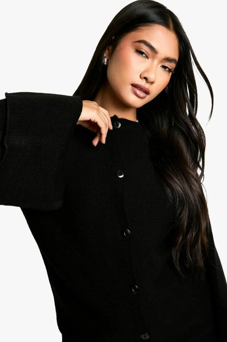 Cardigans|Knitwear*boohoo Longline Turn Over Cuff Detail Knitted Cardigan black