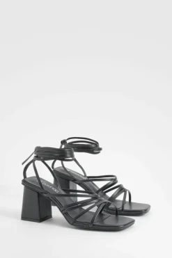 Heels*boohoo Low Block Strappy Tie Up Sandals black