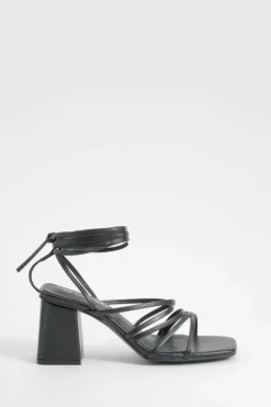 Heels*boohoo Low Block Strappy Tie Up Sandals black
