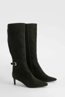 Over The Knee Boots|Knee High Boots*boohoo Low Heel Buckle Detail Pointed Knee High Boots black