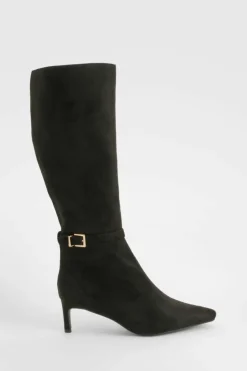 Over The Knee Boots|Knee High Boots*boohoo Low Heel Buckle Detail Pointed Knee High Boots black
