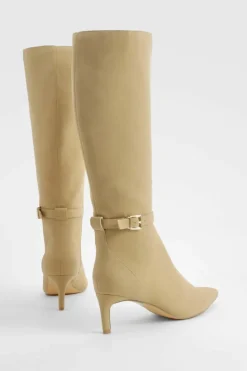 Over The Knee Boots|Knee High Boots*boohoo Low Heel Buckle Detail Pointed Knee High Boots taupe