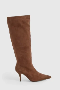 Knee High Boots|Heeled Boots*boohoo Low Heel Pointed Column Faux Suede Boots chocolate