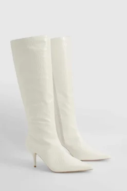Over The Knee Boots|Knee High Boots*boohoo Low Heel Pointed Croc Knee High Boots cream