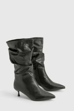 Calf High Boots|All Boots*boohoo Low Stiletto Ruched Calf High Boots black