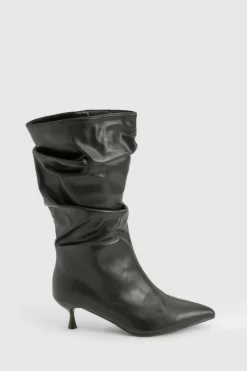 Calf High Boots|All Boots*boohoo Low Stiletto Ruched Calf High Boots black
