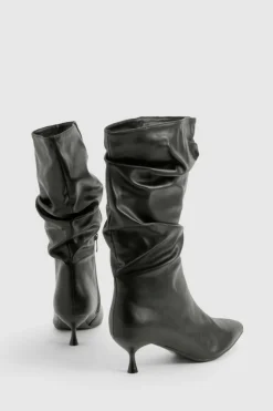 Calf High Boots|All Boots*boohoo Low Stiletto Ruched Calf High Boots black