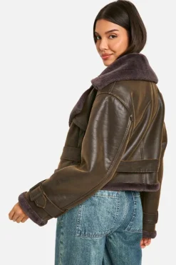 Up To 80% Off Winter Warmers|Aviator Jackets*boohoo Luxe Faux Fur Trim Belted Aviator chocolate
