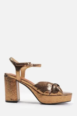 Sandals*Where's That From Madon' Wide Fit Mid Block Heel With Plaftorm And Bow Detailing Gold