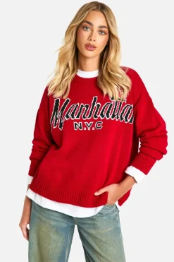 Oversized Jumpers|Jumpers*boohoo Manhattan Oversized Knitted Crew Neck Jumper red