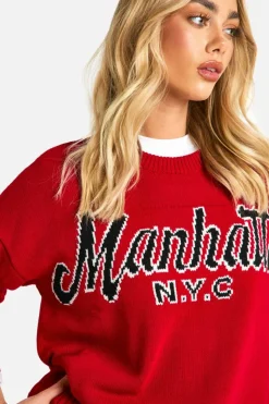 Oversized Jumpers|Jumpers*boohoo Manhattan Oversized Knitted Crew Neck Jumper red