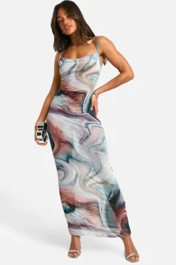 Maxi Dresses*boohoo Marble Cowl Neck Crinkle Maxi Dress blue