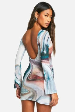 Bodycon Dresses*boohoo Marble Flare Sleeve Open Back Mini Dress multi