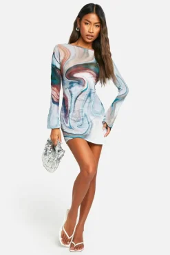 Bodycon Dresses*boohoo Marble Flare Sleeve Open Back Mini Dress multi